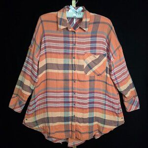 Free People Plaid Flannel Button Down Oversized Shirt Tunic S